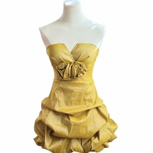 Daisy Shiny Golden Yellow Strapless Rose Bodice Mini Dress Size Small